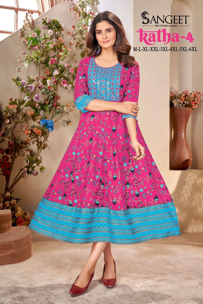 Katha 4 Long Rayon Printed Kurtis Wholesale Clothing Suppliers In India
